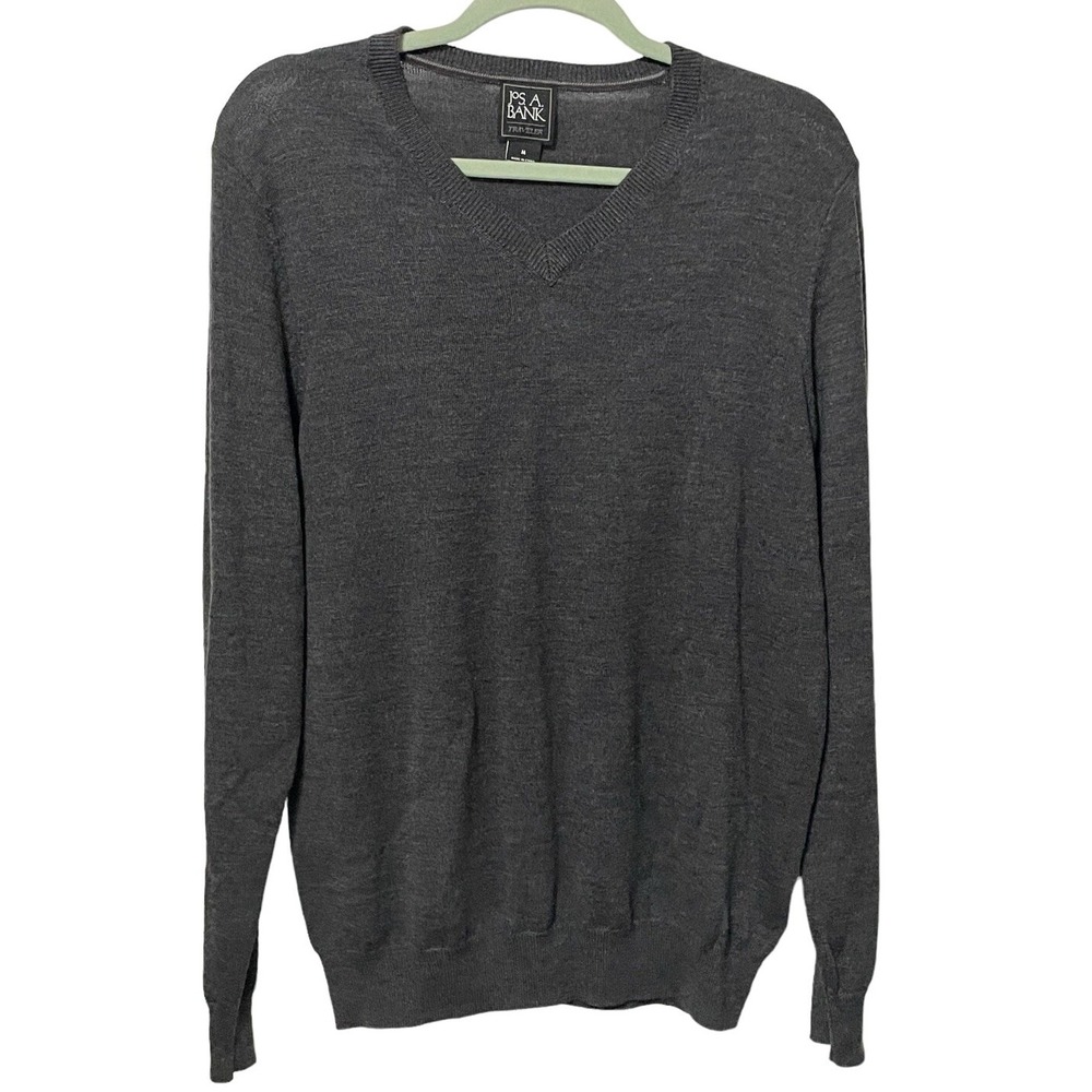 Joseph A. Bank Men's‎ Medium 100% Merino Wool Sweater Dark Gray Travelers V-Neck